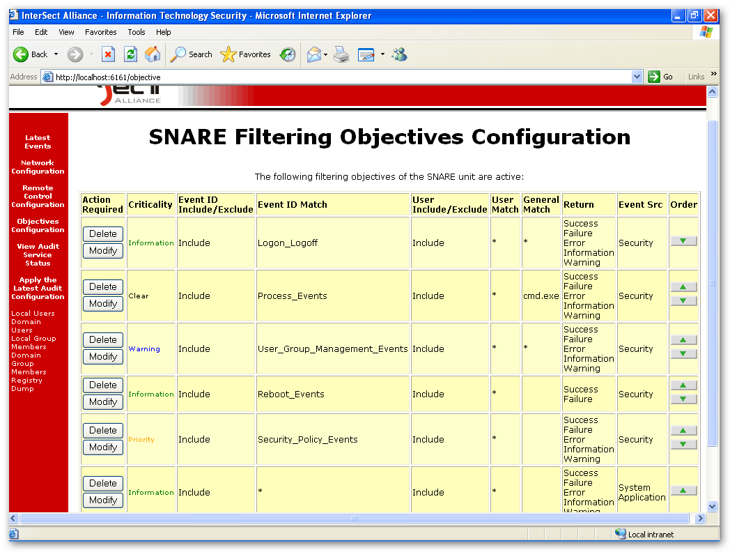 Snare 3.1 : Objective Configuration screen