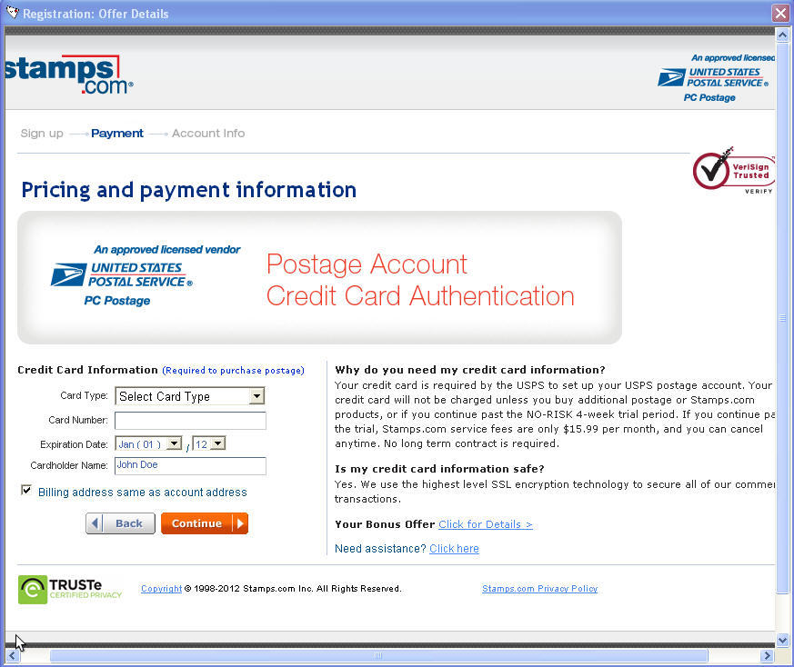 Stamps.com 9.5 : Credit Card Information