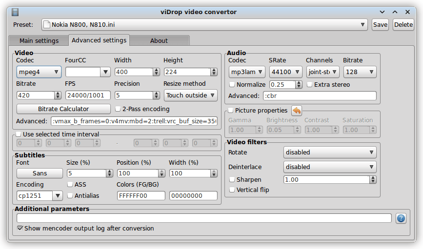 viDrop 0.6 : The "advanced" interface, codec settings