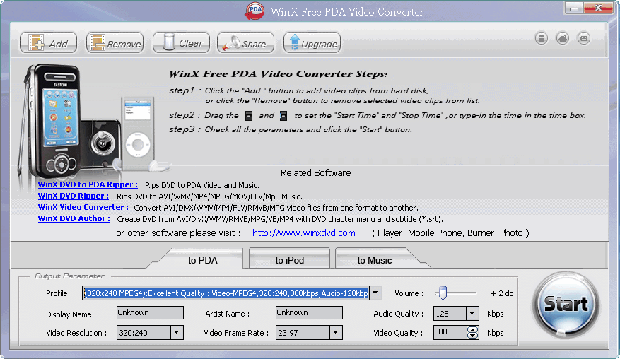 WinX Free PDA Video Converter 3.7 : User Interface