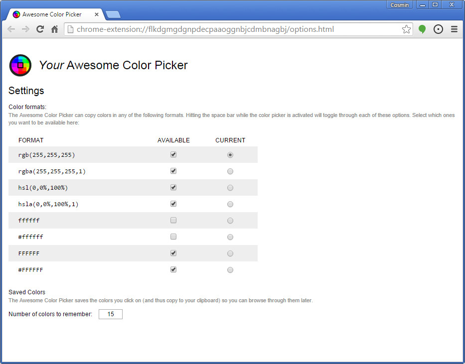 Awesome Color Picker 0.5 : Options