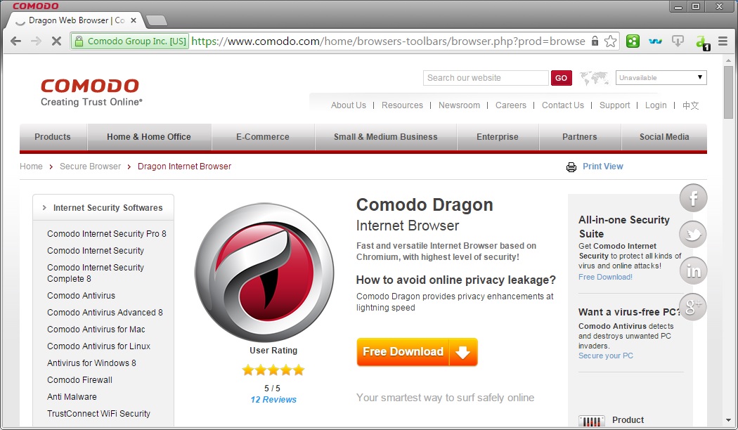 Comodo Dragon Internet Browser 42.2 : Main window