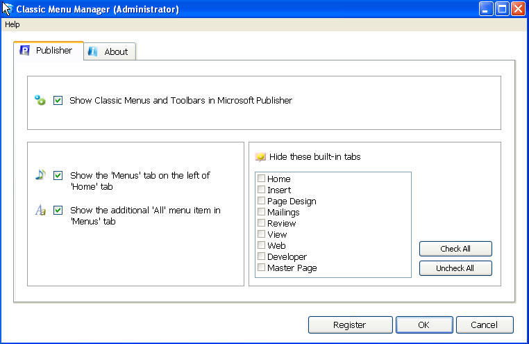 Classic Menu for Publisher 2010 4.0 : Main window