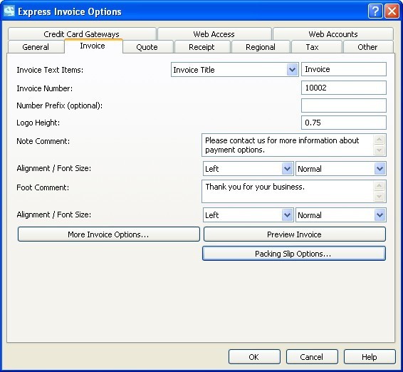 Express Invoice Invoicing Software 3.4 : Program Options