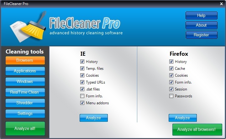 File Cleaner Pro 4.1 : Browsers Screen