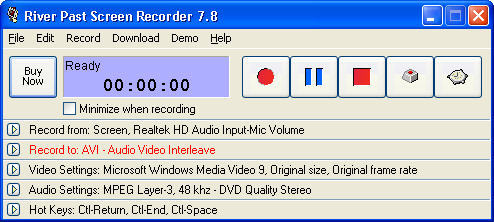 River Past Screen Recorder 7.8 : Main window