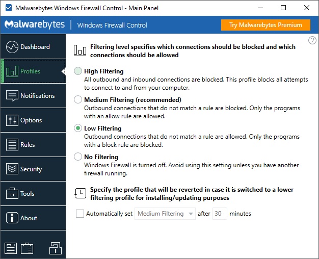 Windows Firewall Control 6.4 : Filtering Profiles