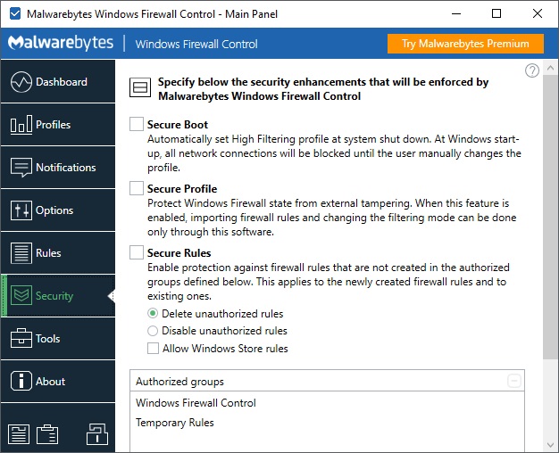 Windows Firewall Control 6.4 : Security Settings