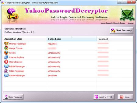 Yahoo Password Decryptor 1.0 : Main Window