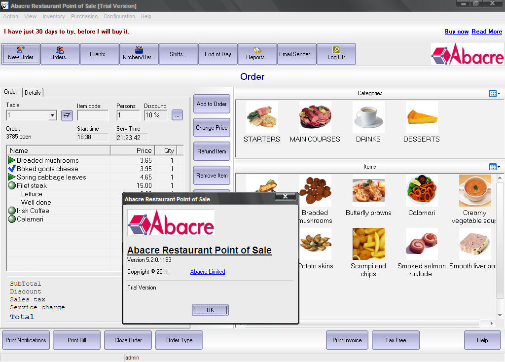 Abacre Restaurant Point of Sale 5.2 : Main window
