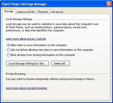 Adobe Flash Player Plugin non-IE 11.5 : Settings window