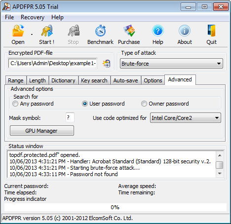 Advanced PDF Password Recovery 5.5 : Advanced Options