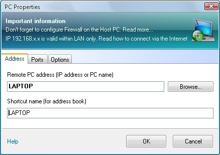 Anyplace Control 6.0 : PC Properties window