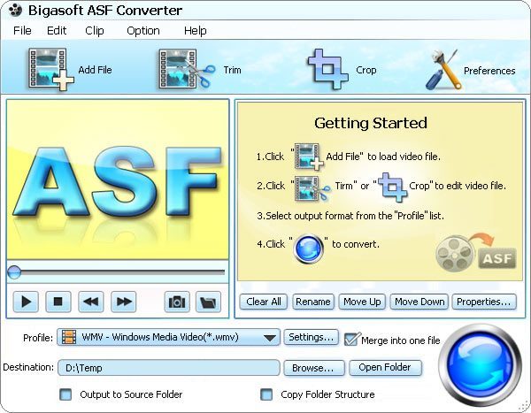 Bigasoft ASF Converter 2.5 : Main window.