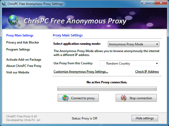 ChrisPC Free Anonymous Proxy 6.4 : Main window