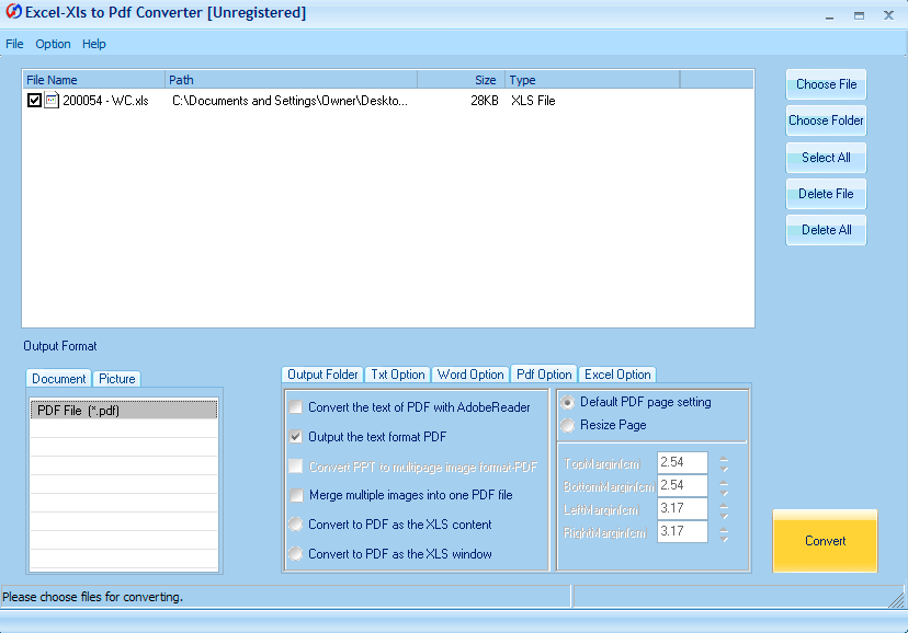Excel/Xls to Pdf Converter 5.6 : Main window