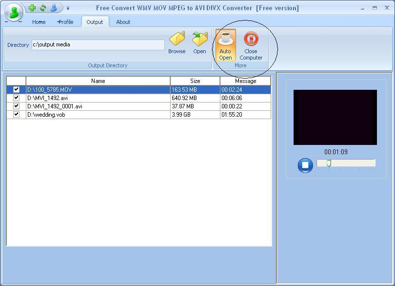 Free Convert WMV MOV MPEG to AVI DIVX Converter 6.1 : Auto shut-down feature