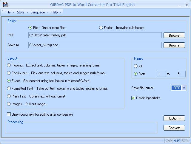 GIRDAC PDF to Word Converter Pro 2.0 : Main Window