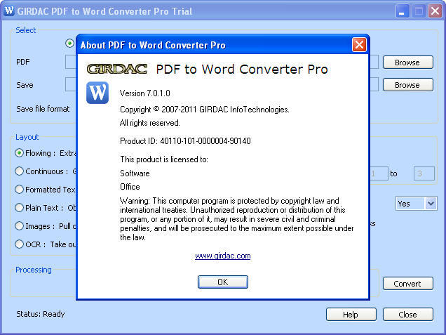 GIRDAC PDF to Word Converter Pro 7.0 : Main window