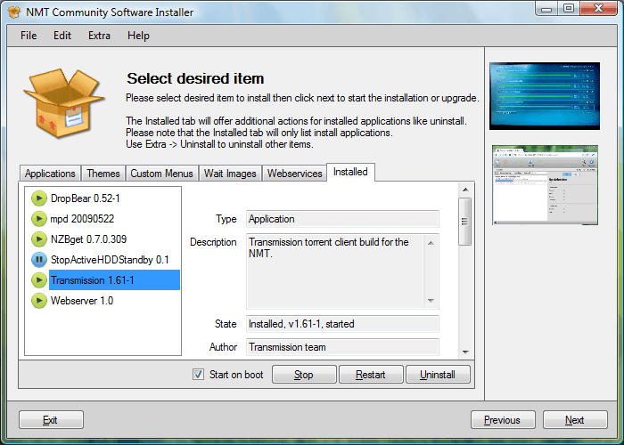 NMT Community Software Installer 2.7 : Main window