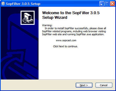 SopFilter 3.0 : Installation Window