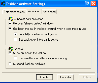 Taskbar Activate 2.4 : Activation settings