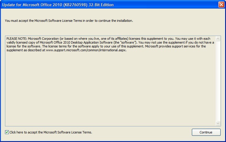 Update for Microsoft Office 2010 (KB2760598) 32-Bit Edition 1.0 : Installation Window