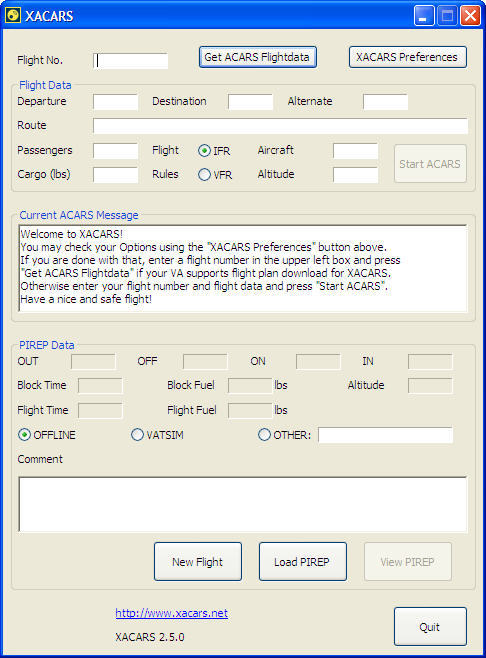 XAcars for Microsoft Flightsimulator 2.5 : Main window