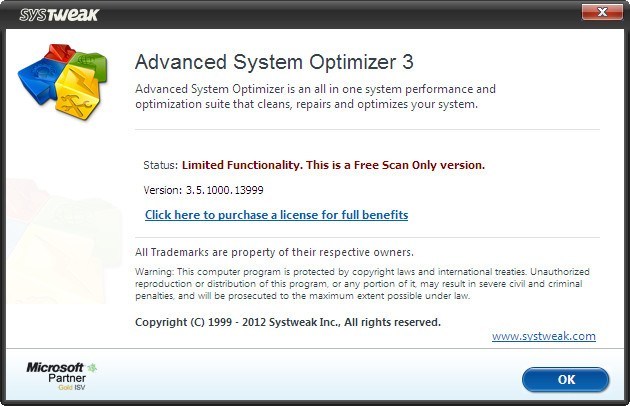 Advanced System Optimizer 3.5 : About Window