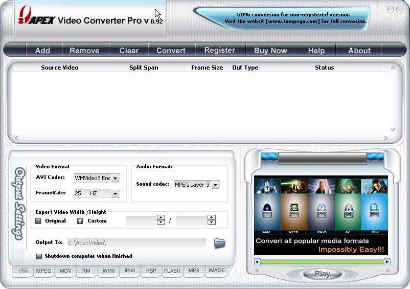 Apex Video Converter Pro 8.9 : Main window