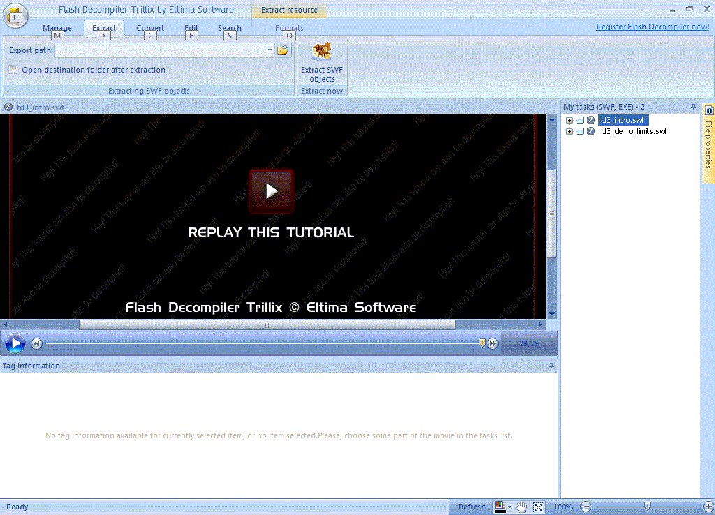 Flash Decompiler Trillix 3.2 : Main window - Extract tab