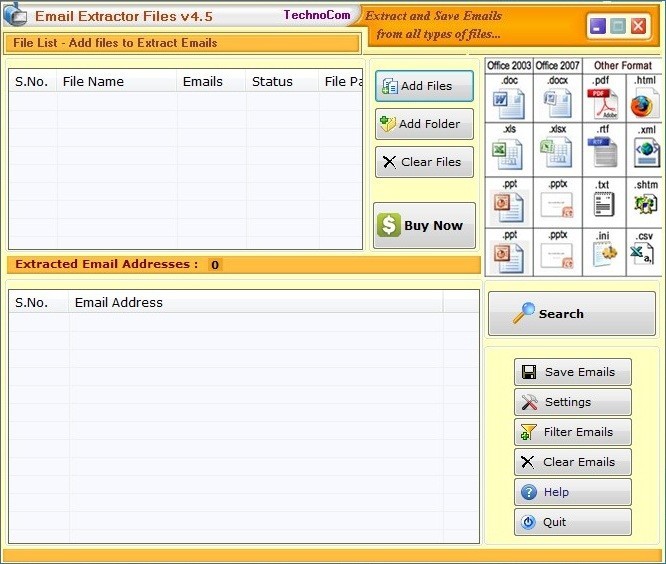 Files Email Extractor 4.5 : Main window
