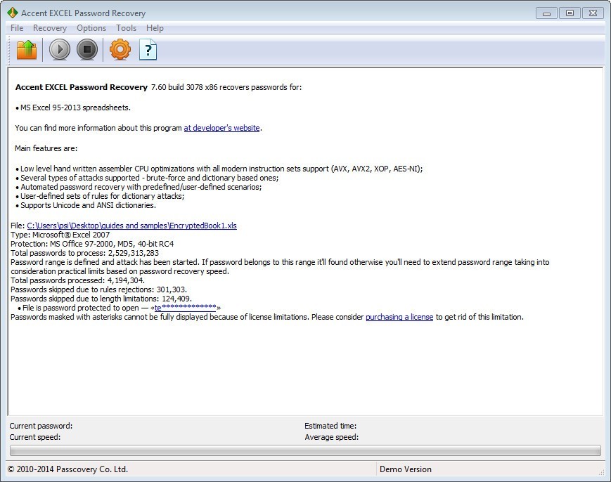 Accent EXCEL Password Recovery 7.6 : Finished Recovery Process