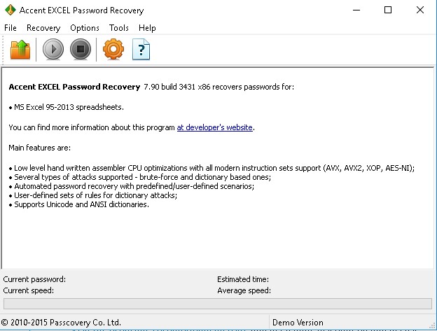Accent EXCEL Password Recovery 7.9 : Main window