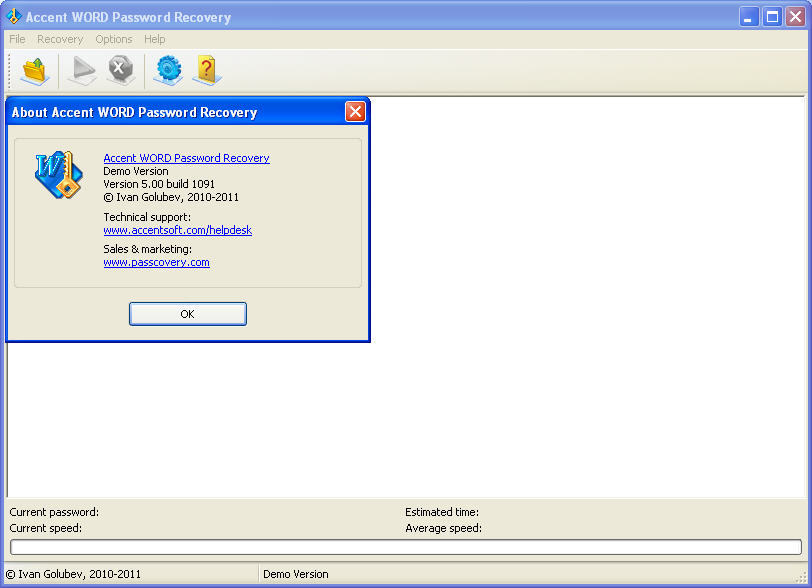 Accent WORD Password Recovery 5.0 : Main window