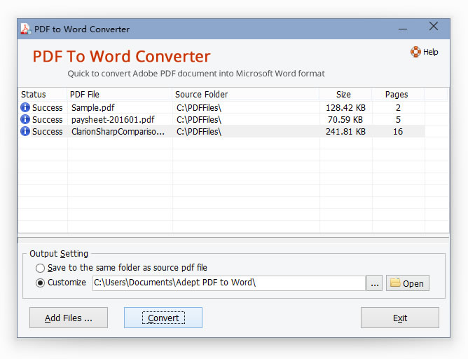 Adept PDF to Word Converter 4.00 : Main Window