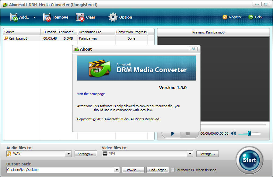 Aimersoft DRM Media Converter 1.5 : About Window