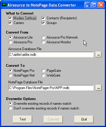 Airsource to NotePage data converter 1.6 : Main window