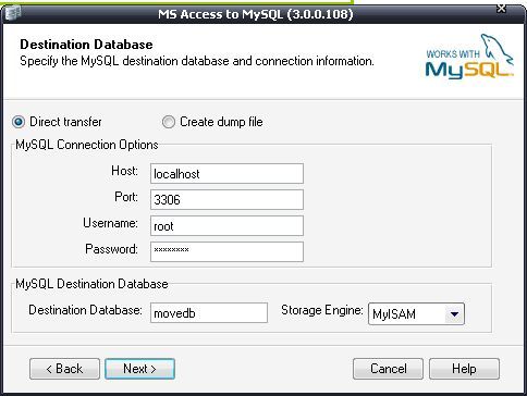 Bullzip MS Access to MySQL 3.0 : Step 2 : Entering remote/local MYSQL login information