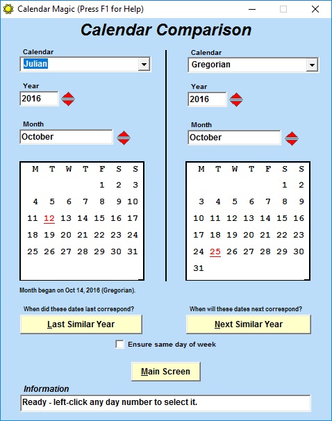 Calendar Magic 18.9 : Calendar Comparison
