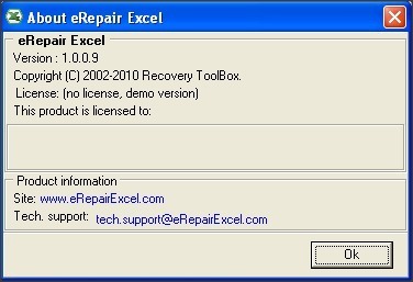 eRepair Excel 1.0 : About Window
