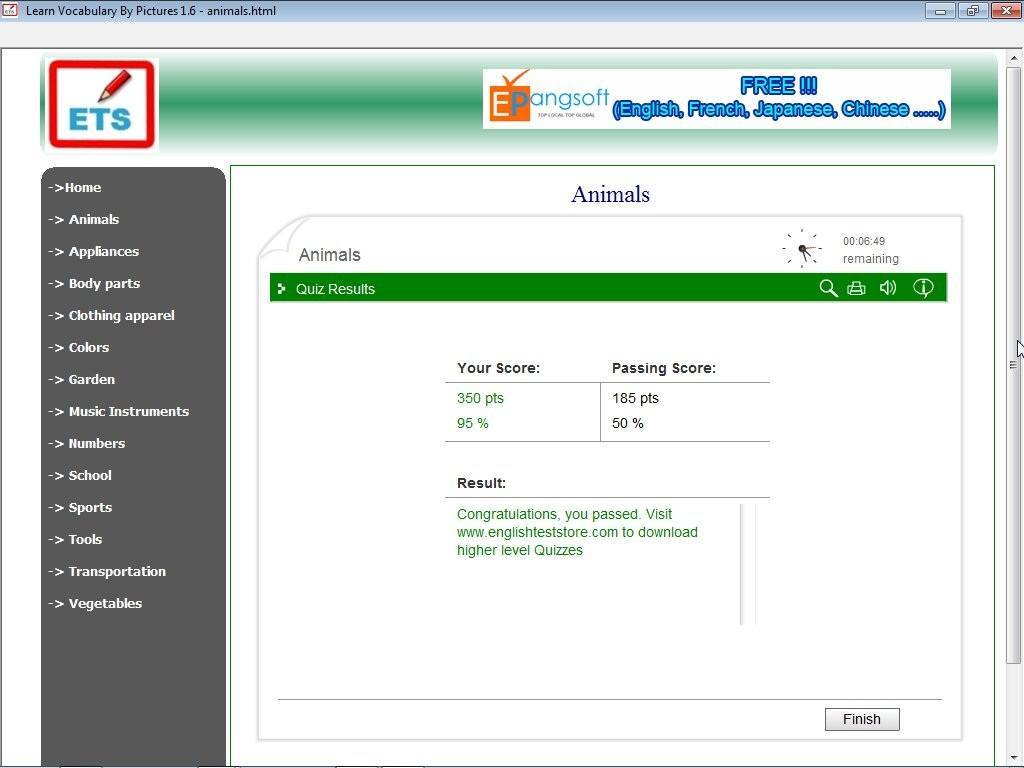 ETS Learn Vocabulary By Pictures 1.6 : Quiz Results
