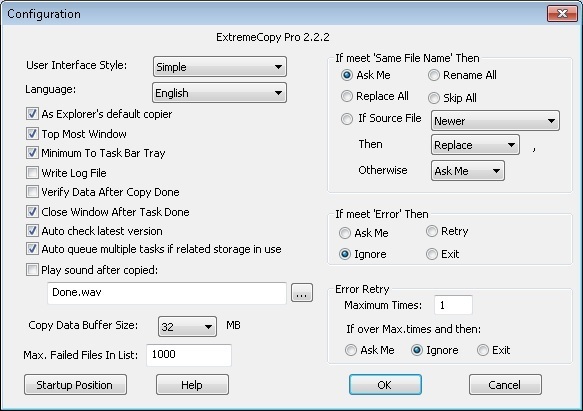 ExtremeCopy 2.2 : Configuration screen