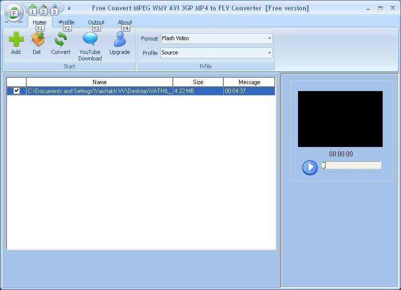 Free Convert MPEG WMV AVI 3GP MP4 to FLV Converter 6.2 : Main window
