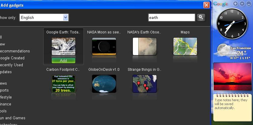 Google Earth 1.0 beta : Add Gadget