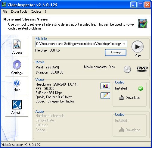 KC Softwares VideoInspector 2.6 : Main Window