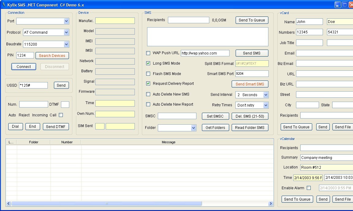 Kylix SMS .NET Component 6.3 : Main window