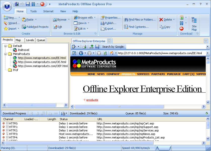 MetaProducts Offline Explorer Pro 6.9 : Main Window
