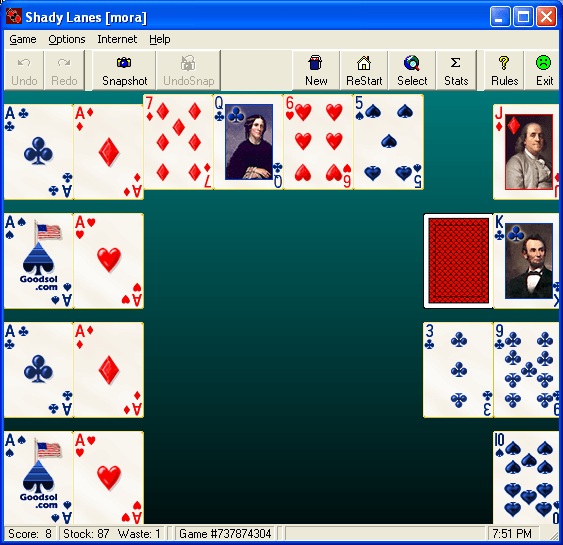 Pretty Good Solitaire - Patriot Card Set 1.0 : Shady Lanes game.