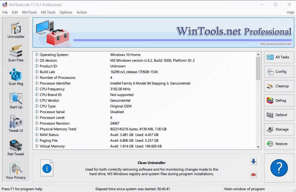 WinTools.net Professional 17.1 : Main window